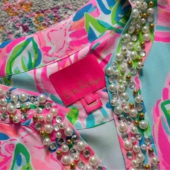 Lilly Pulitzer Elenora Multi Totally Blossom 100% Silk Embellished Dress Small - Picture 8 of 10
